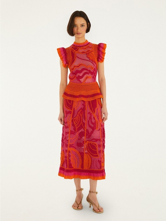 FARM Rio Dresses & Skirts - FARM RIO Pink And Orange Seashell Crochet Midi Skirt